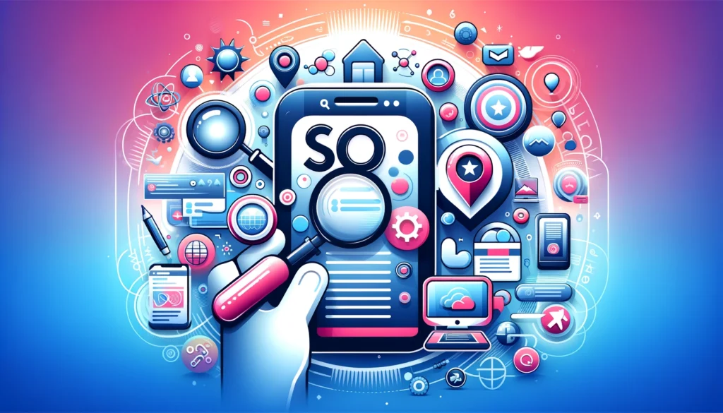 2024년 블로그 가시성을 향상시키기 위한 SEO 전략들을 상징하는 아이콘들이 포함된 와이드 이미지. 확대경, 스마트폰, 사용자 인터페이스 요소 및 지역 맵 핀 아이콘이 생동감 있는 배경 위에 표시되어, SEO를 통해 블로그의 눈에 띄게 만드는 방법에 대한 블로그 포스트에 이상적임.