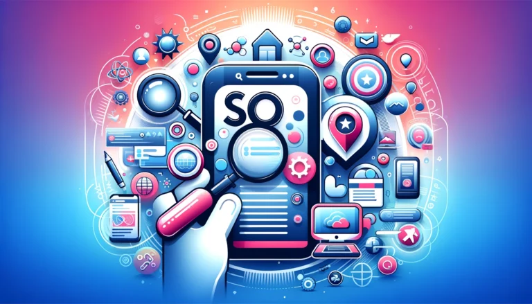 2024년 블로그 가시성을 향상시키기 위한 SEO 전략들을 상징하는 아이콘들이 포함된 와이드 이미지. 확대경, 스마트폰, 사용자 인터페이스 요소 및 지역 맵 핀 아이콘이 생동감 있는 배경 위에 표시되어, SEO를 통해 블로그의 눈에 띄게 만드는 방법에 대한 블로그 포스트에 이상적임.