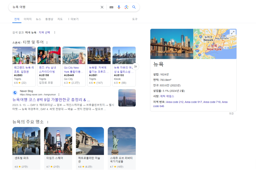 뉴욕검색을 함으로써 SERP의 이미지에 대한 설명을 보여준다.