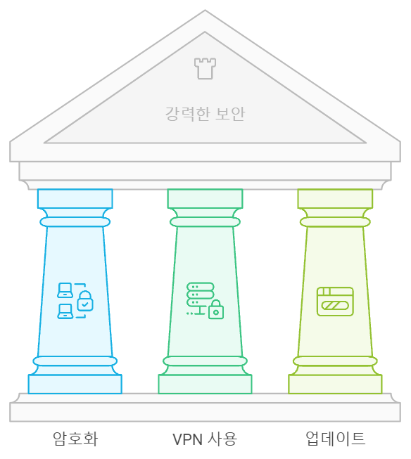 네트워크 보안을 위해서 암호화, VPN 사용, 업데이트가 중요하다고 보여주는 이미지