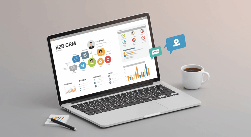 A laptop displaying a B2B CRM dashboard with visual elements such as customer profiles, sales pipeline, communication logs and performance charts, placed on a desk with a cup of coffee and notepad.