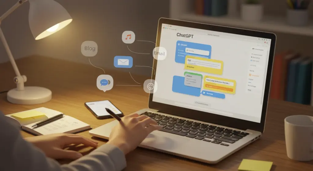 ChatGPT를 활용해 마케팅 콘텐츠를 작성 중인마케팅 프리랜서의 작업 공간. 노트북 화면에 블로그 제목, 이메일 카피, SNS 문구가 보이며 주변에는 메모와 체크리스트가 배치된 장면.