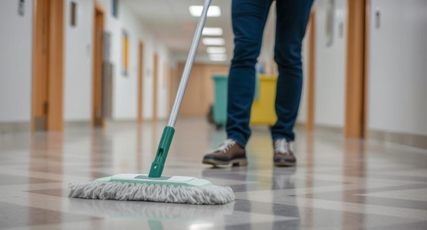 A person using a domestic-style mop to clean a large commercial hallway with shiny tiled flooring.
