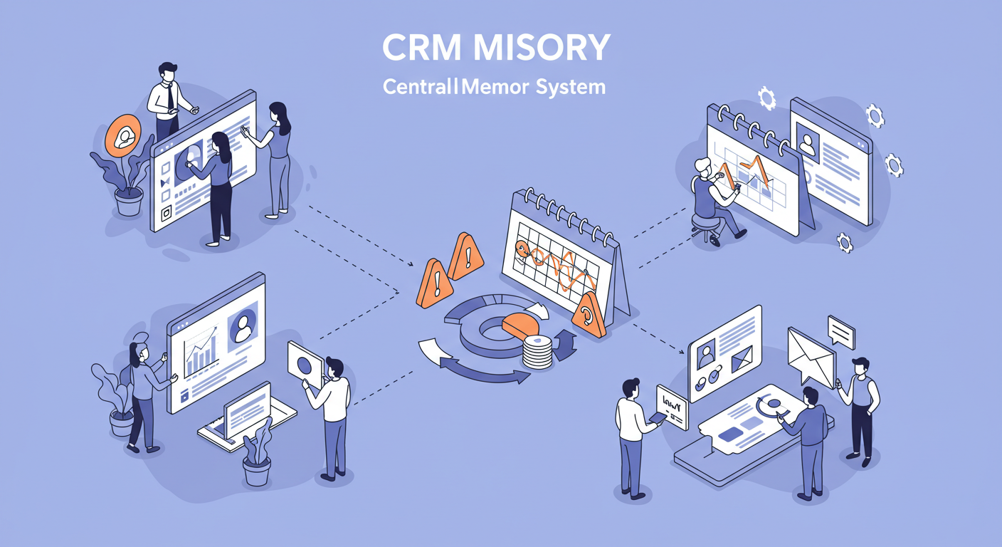 CRM 시스템이 고객 정보를 연결해주는 장면. 직원 교체, 고객 리포트, 구매 주기 분석, 마케팅 연동을 아이콘과 인터페이스로 표현한 일러스트.