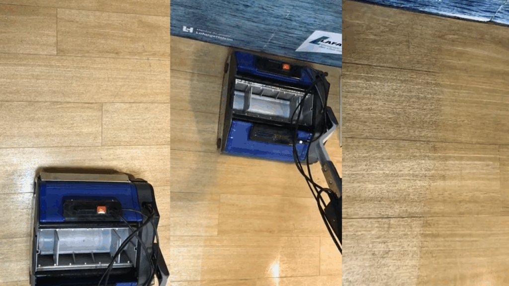 commercial floor cleaning machine is cleaning on the vinyl floor. This is shows before and after cleaning