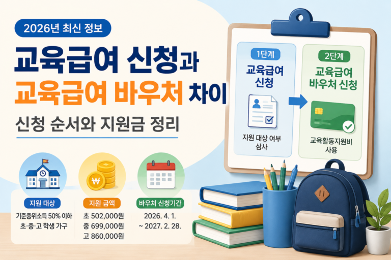2026년 교육급여 신청과 교육급여 바우처 신청 순서를 안내하는 카드형 이미지
