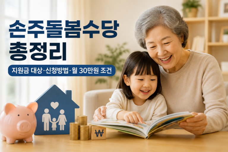 조부모가 아이를 돌보는 따뜻한 가정 장면과 월 30만원 돌봄 지원금을 상징하는 저금통과 동전 이미지