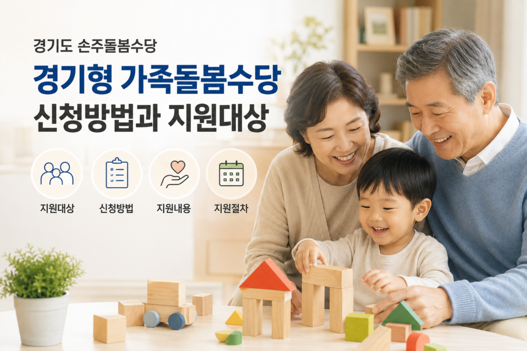 조부모와 아이가 함께 놀이하는 따뜻한 실내 장면과 경기형 가족돌봄수당 신청방법 및 지원대상을 안내하는 블로그 썸네일 이미지