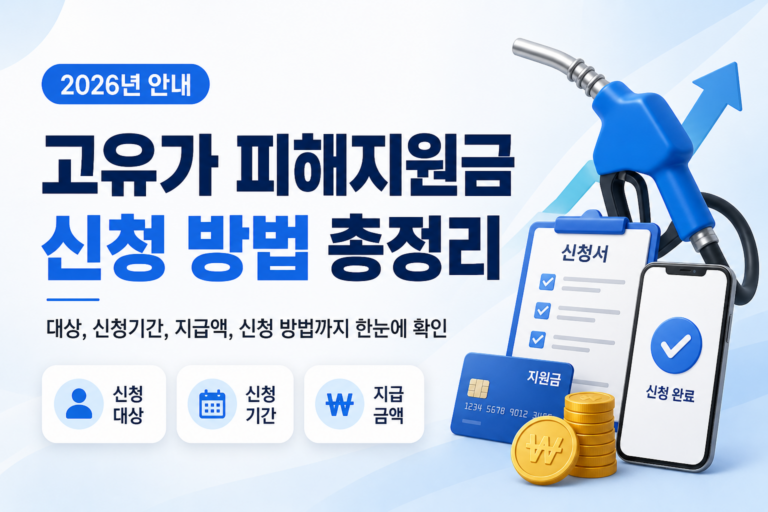 고유가 피해지원금 신청 방법과 지급액을 안내하는 이미지로, 주유기와 지원금 서류, 체크 표시가 함께 보이는 2026 정부지원금 안내 썸네일