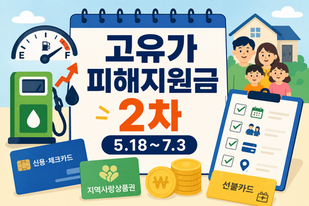 고유가 피해지원금 2차 신청 기간과 지급 수단을 안내하는 달력, 카드, 주유기, 동전이 놓인 이미지
