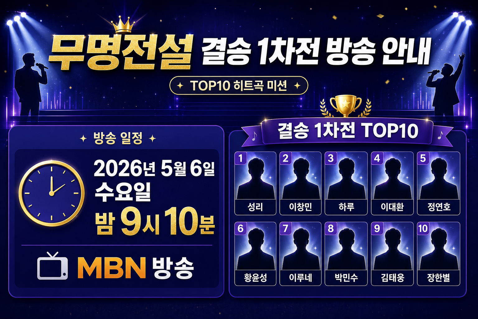 무명전설 결승 1차전 방송시간과 TOP10 출연자를 안내하는 이미지로, 2026년 5월 6일 수요일 밤 9시 10분 MBN 방송 정보와 TOP10 명단을 정리한 인포그래픽