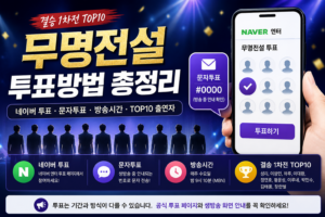 무명전설 투표방법 총정리 썸네일로, 네이버 투표와 문자투표, 방송시간, 결승 1차전 TOP10 정보를 스마트폰 투표 화면과 무대 조명 배경으로 표현한 이미지.
