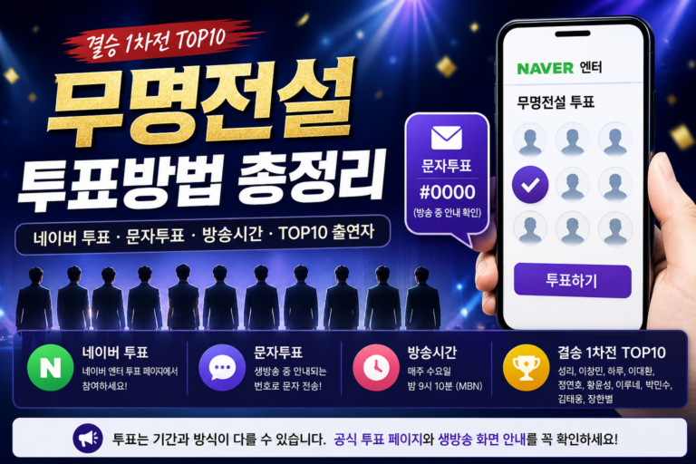 무명전설 투표방법 총정리 썸네일로, 네이버 투표와 문자투표, 방송시간, 결승 1차전 TOP10 정보를 스마트폰 투표 화면과 무대 조명 배경으로 표현한 이미지.