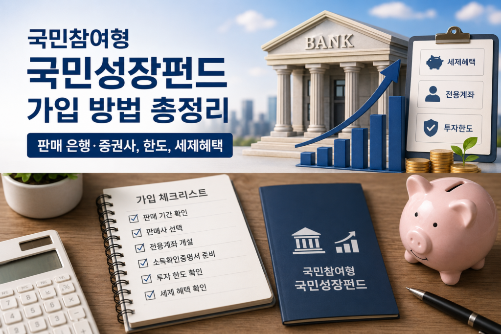 국민참여형 국민성장펀드 가입 방법을 설명하는 은행, 성장 그래프, 체크리스트, 전용계좌와 세제혜택 요소가 포함된 안내형 이미지