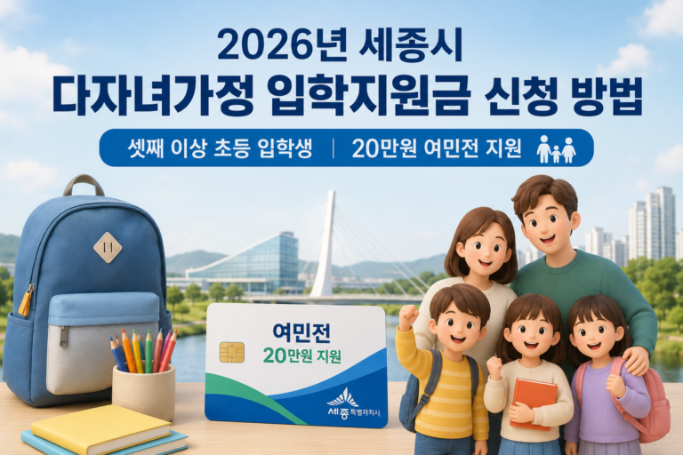 2026년 세종시 다자녀가정 입학지원금 신청 방법을 안내하는 이미지로, 초등 입학 준비물과 여민전 카드, 다자녀 가족이 함께 표현된 장면