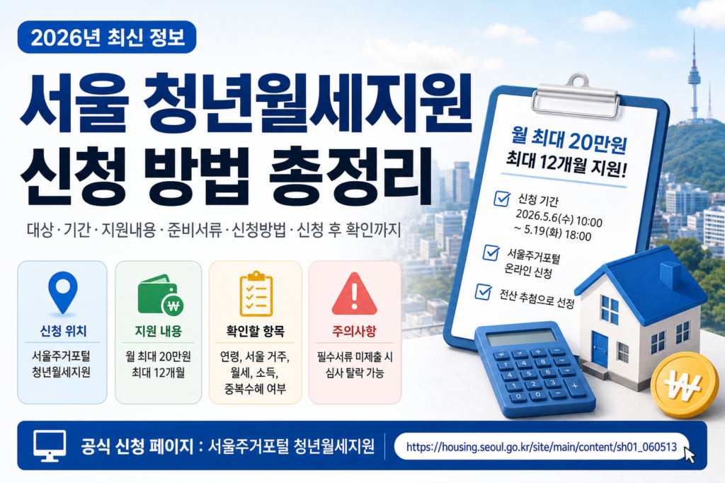 2026 서울 청년월세지원 신청방법을 안내하는 썸네일 이미지로, 신청기간, 지원금, 준비서류, 서울주거포털 온라인 신청 정보를 담고 있다.
