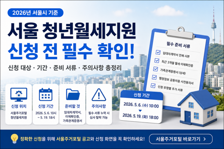 2026년 서울 청년월세지원 신청 전 확인해야 할 신청 대상, 접수 기간, 임대차계약서와 월세 이체확인증 등 필수 준비 서류를 안내하는 썸네일 이미지