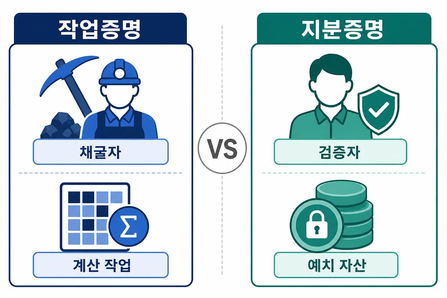 작업증명과 지분증명의 차이를 비교한 인포그래픽