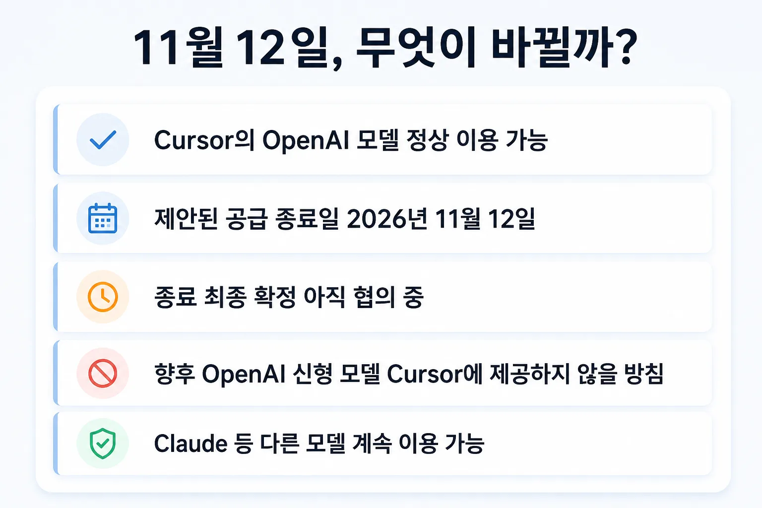 2026년 11월 12일 Cursor GPT 모델 공급 종료 가능성을 정리한 상태표