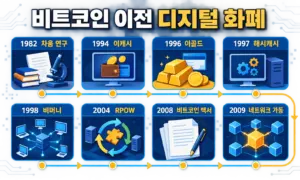 이캐시부터 비트코인까지 디지털 화폐의 발전 흐름을 표현한 일러스트
