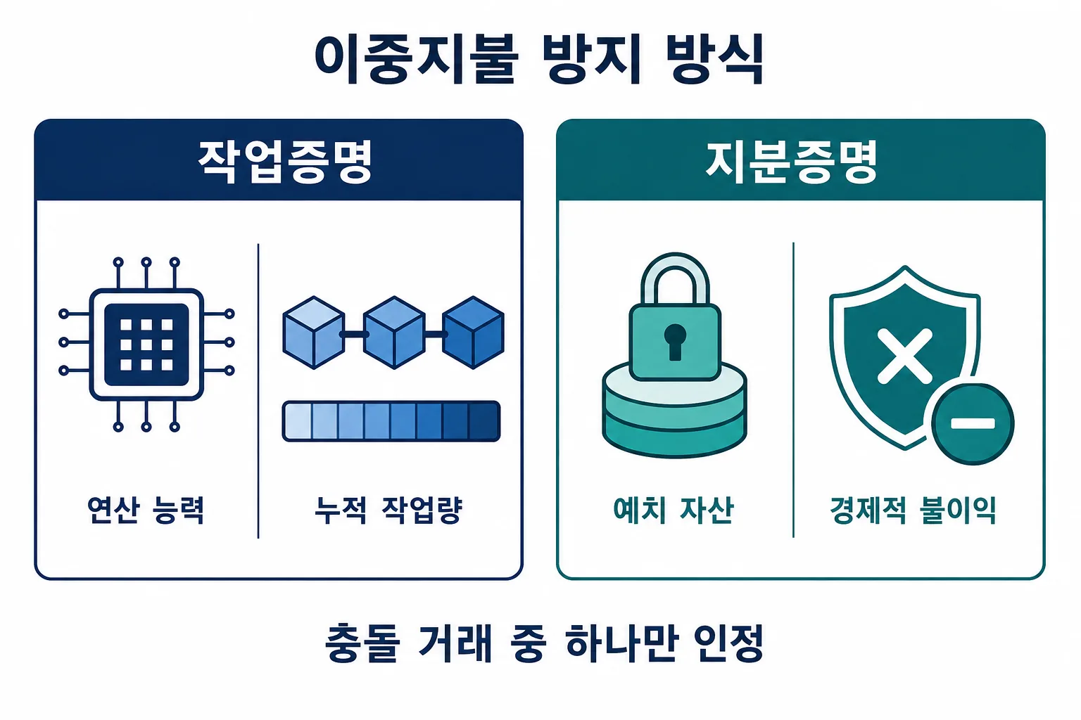 작업증명과 지분증명이 충돌 거래를 처리하는 방식을 비교한 인포그래픽