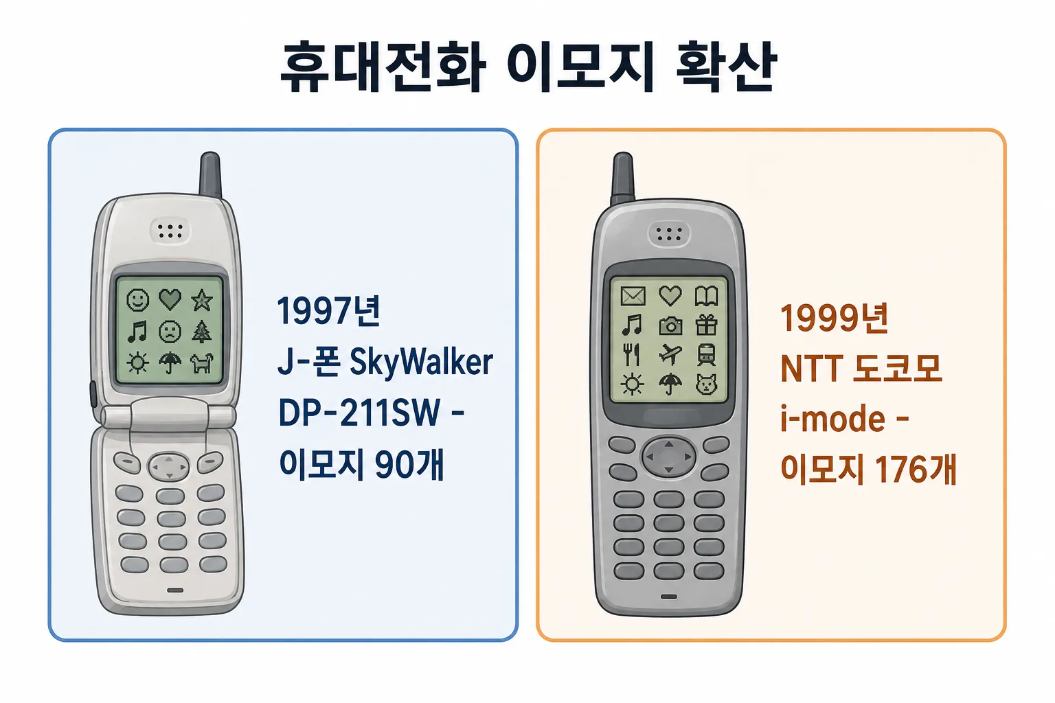 1997년과 1999년 일본 휴대전화 이모지 개수를 비교한 카드 이미지