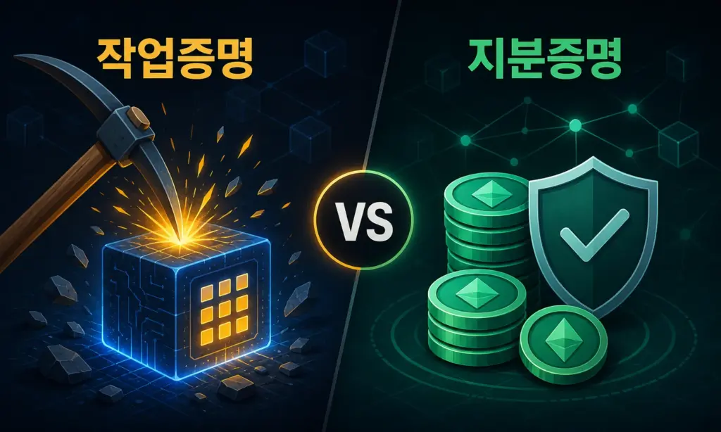 작업증명과 지분증명을 좌우로 비교한 그래픽