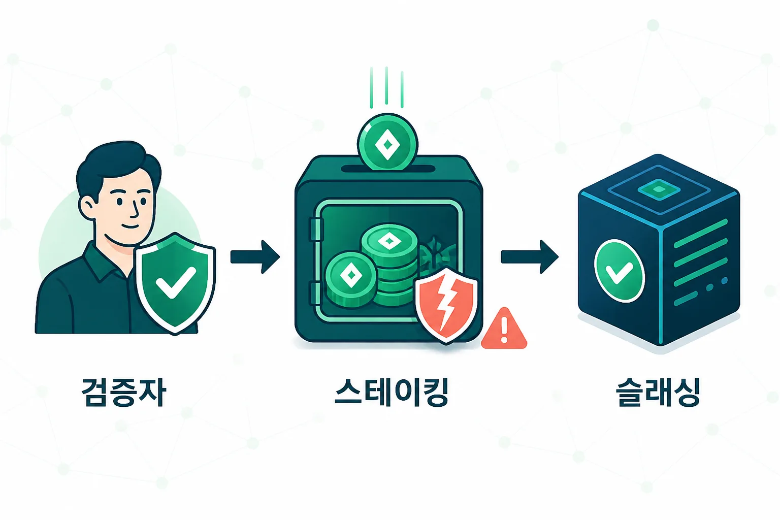 검증자가 자산을 예치해 블록을 검증하는 과정을 보여주는 인포그래픽