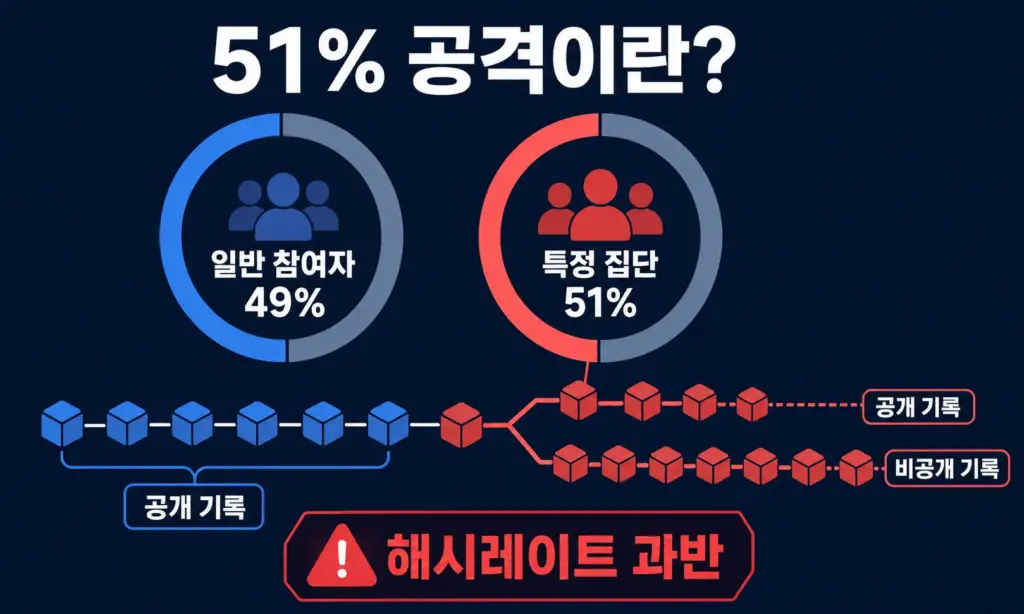 특정 집단이 해시레이트 51%를 확보해 별도 거래 기록을 만드는 개념 그래픽