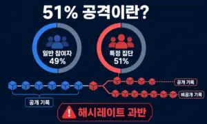 특정 집단이 해시레이트 51%를 확보해 별도 거래 기록을 만드는 개념 그래픽
