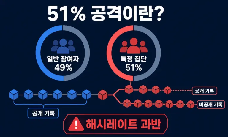 특정 집단이 해시레이트 51%를 확보해 별도 거래 기록을 만드는 개념 그래픽