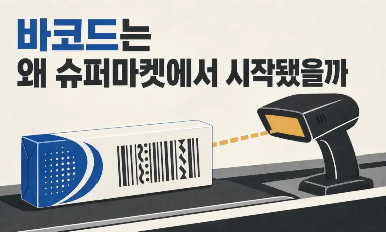슈퍼마켓 계산대에서 시작된 바코드의 탄생을 표현한 포스터 그래픽