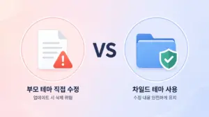 부모 테마 직접 수정과 차일드 테마 사용을 비교하는 그래픽