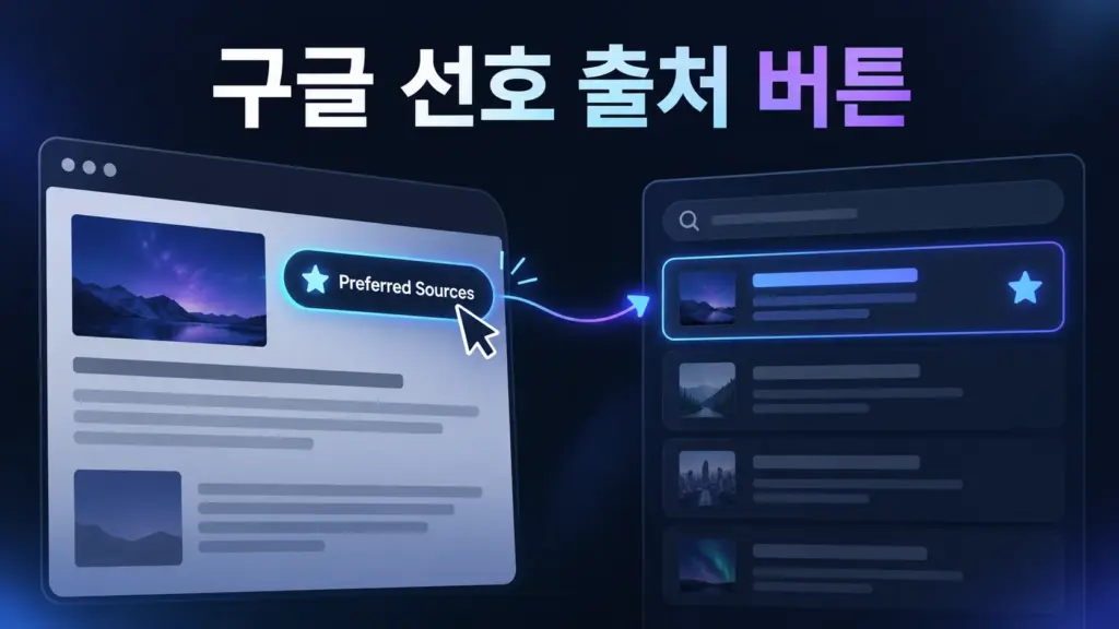 웹사이트의 선호 출처 버튼을 눌러 개인화된 검색 결과에 해당 출처를 표시하는 흐름